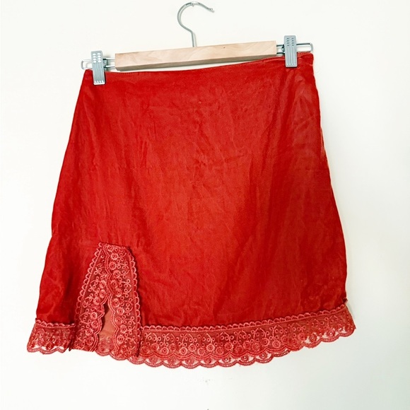 UO Lucy Velvet Lace Trim Mini Slip Skirt Rust Orange - Picture 6 of 12